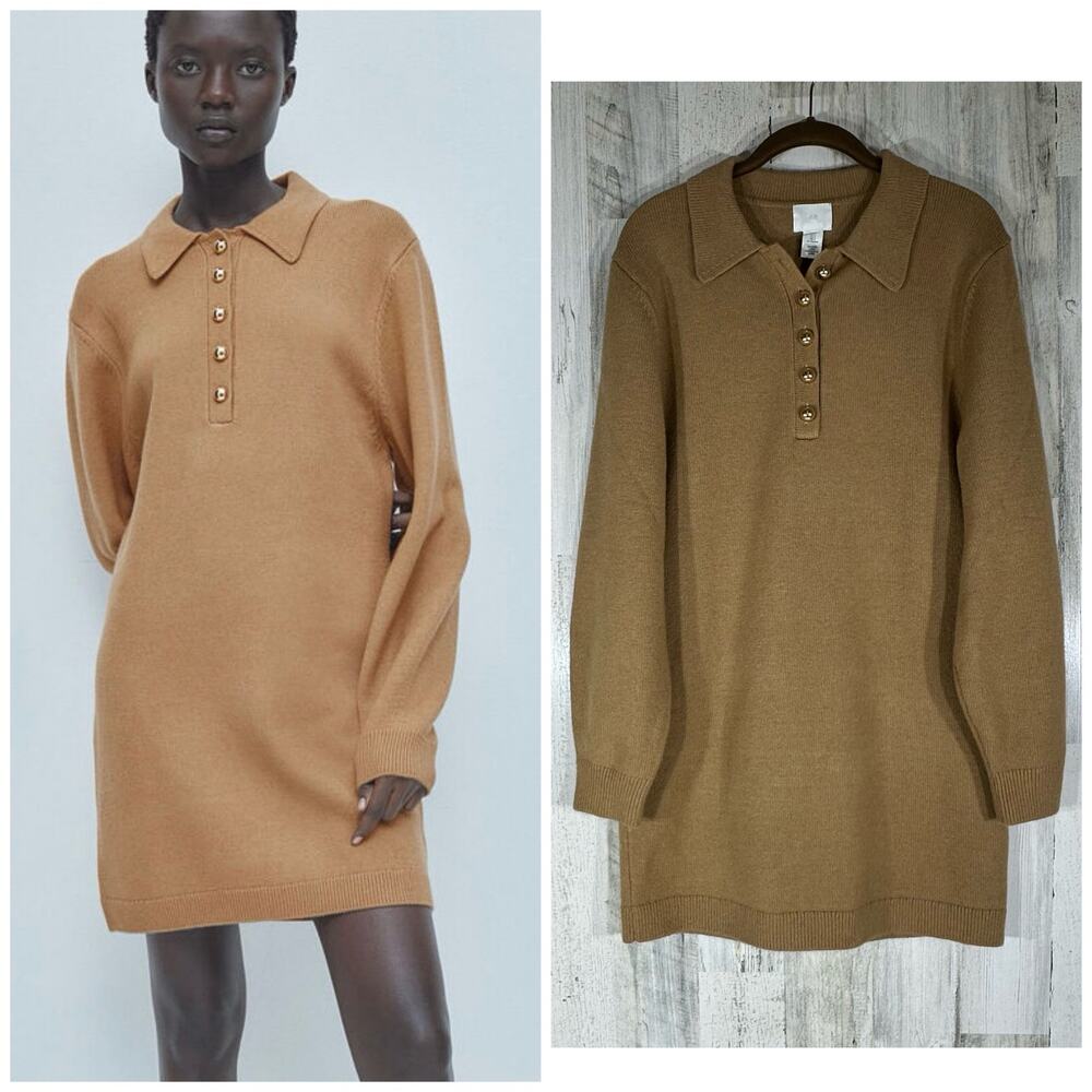 H & M Fine Knit Collared Sweater Dress Size Small Camel Brown Thick Knit‎